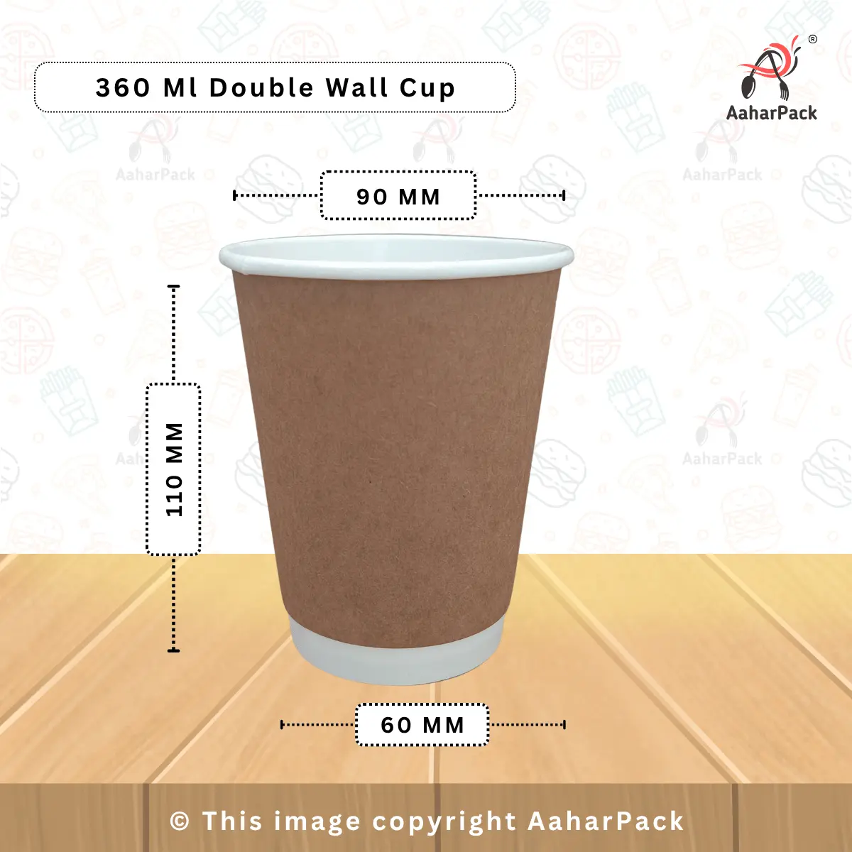 360 ML (12OZ) Double Wall Kraft Paper Cup With Paper Flat Without Straw Cut Lid Pack Of 1000 Pcs