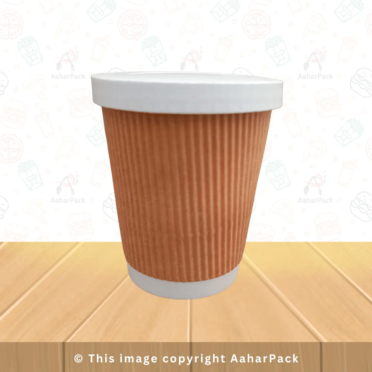 480 ML (16oz) Ripple Wall Kraft Paper Cups With Paper Flat Without Straw Cut Lid Pack of 1000 Pcs