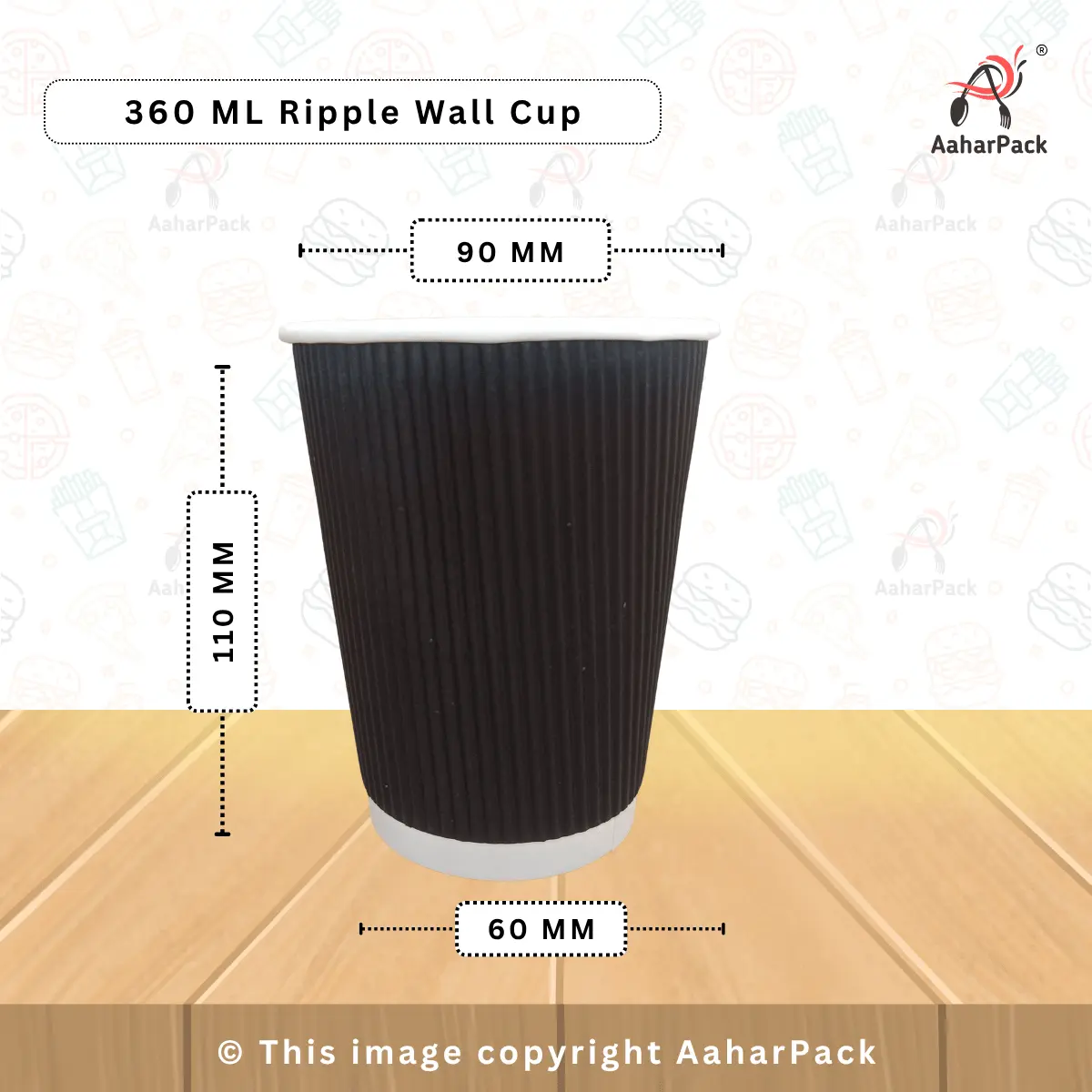 360 ML (12oz) Ripple Wall Black Paper Cups With Bagasse Flat With Straw Cut Lid– Pack of 1000 Pcs