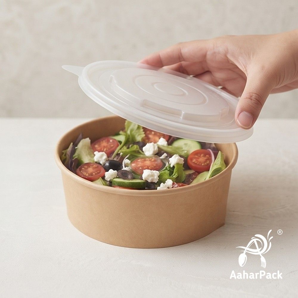500 ML Kraft Paper Salad Bowls with PP Lids (Pack of 150) - Microwave Safe Brown Disposable Food Containers | Eco-Friendly, Leak-Proof Paper Bowls for Hot Soups, Salads & Takeaway