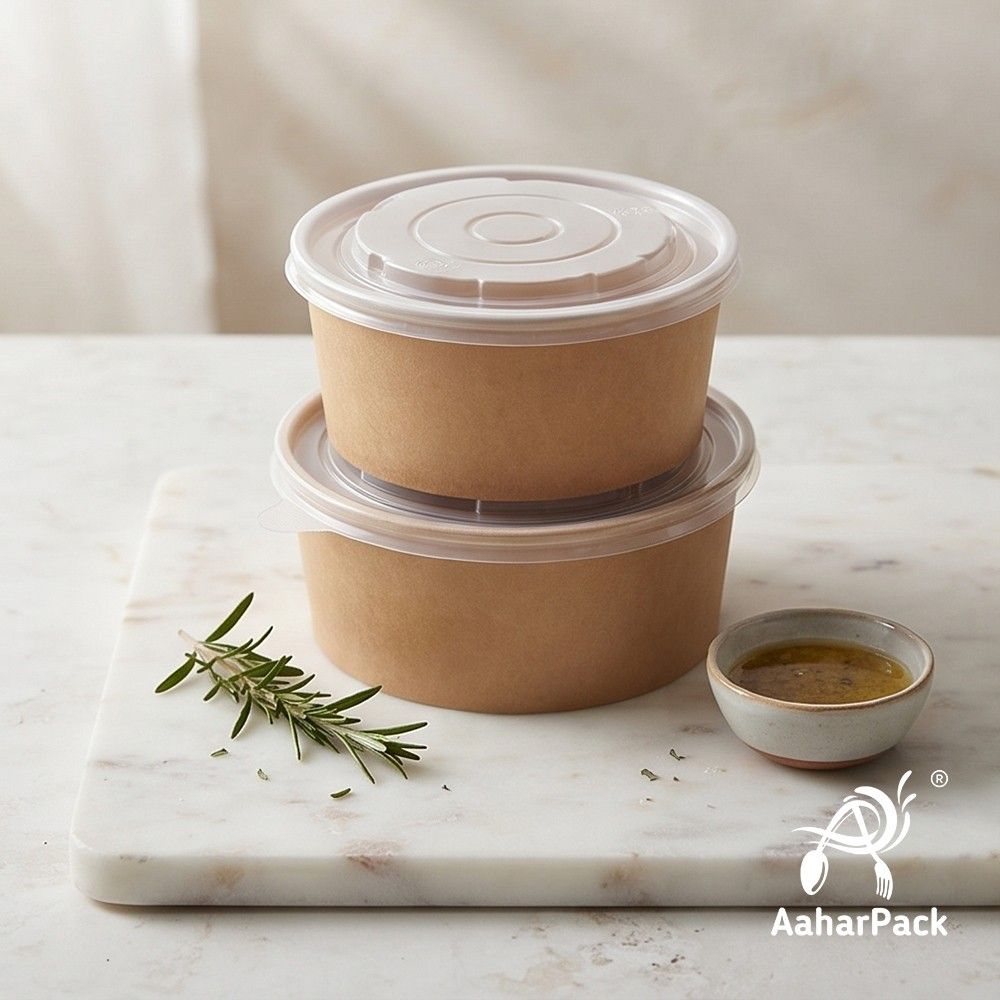 1000 ML Kraft Paper Salad Bowls with PP Lids (Pack of 150) - Extra Large Microwave Safe Disposable Food Containers | Heavy-Duty, Leak-Proof Takeaway Packaging for Hot Meals & Delivery