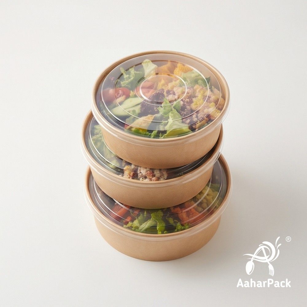 750 ML Kraft Paper Salad Bowls with PP Lids (Pack of 150) - Large Microwave Safe Disposable Paper Bowls | Leak-Proof, Eco-Friendly Food Containers for Hot Meals, Curries & Takeaway
