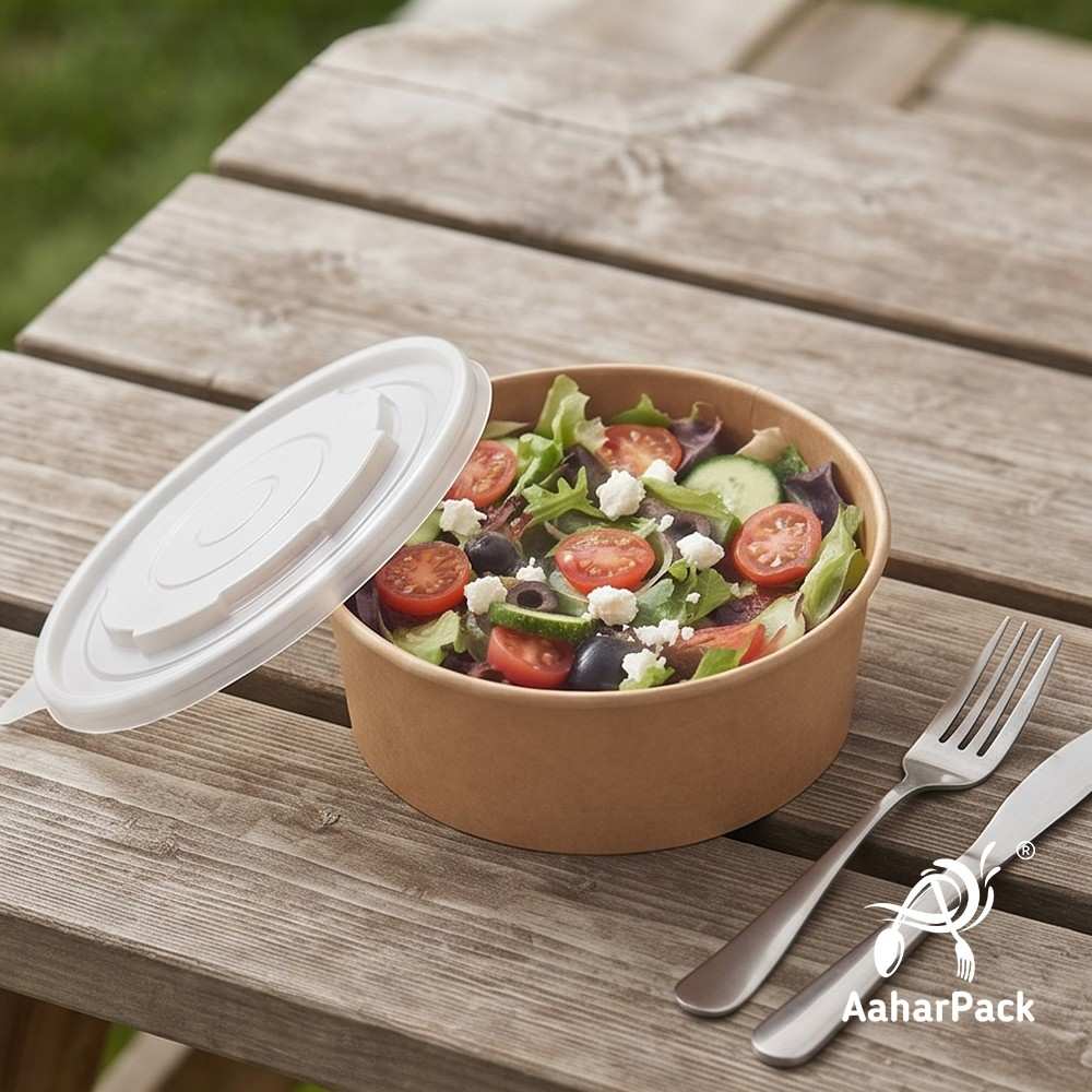 750 ML Kraft Paper Salad Bowls with PP Lids (Pack of 150) - Large Microwave Safe Disposable Paper Bowls | Leak-Proof, Eco-Friendly Food Containers for Hot Meals, Curries & Takeaway