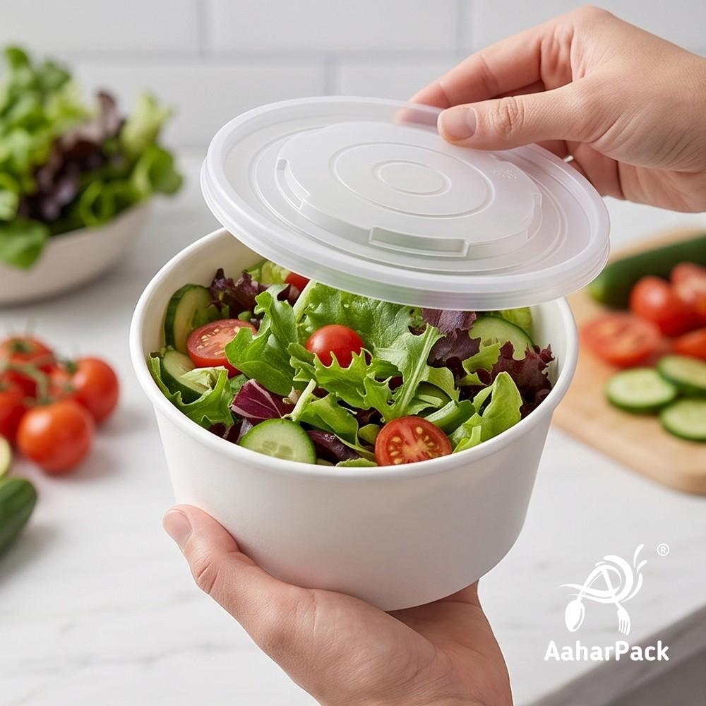 1000 ML White Paper Salad Bowls with PP Lids (Pack of 150) - Extra Large Microwave Safe Disposable Food Containers | Premium Leak-Proof Takeaway Packaging for Hot Meals, Soups & Delivery