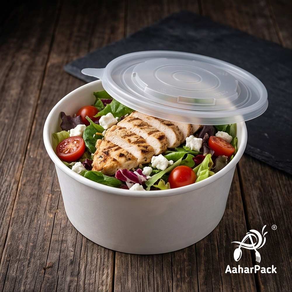 500 ML White Paper Salad  Bowls with PP Lids (Pack of 150) - Microwave Safe Disposable Food Containers | Premium Leak-Proof Takeaway Packaging for Hot Soups, Noodles & Delivery