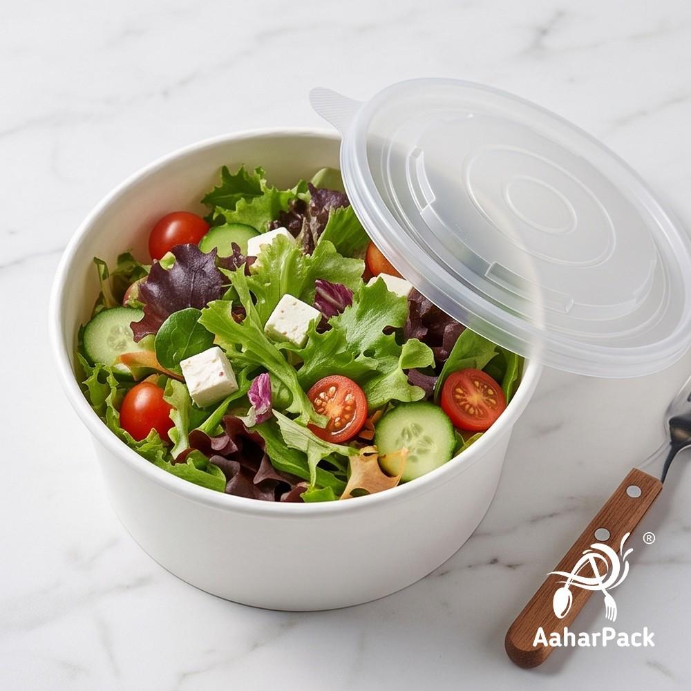 500 ML White Paper Salad  Bowls with PP Lids (Pack of 150) - Microwave Safe Disposable Food Containers | Premium Leak-Proof Takeaway Packaging for Hot Soups, Noodles & Delivery