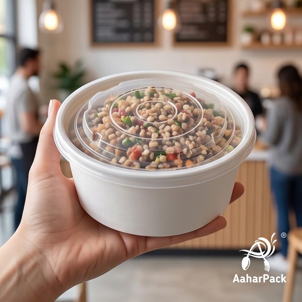 500 ML White Paper Salad  Bowls with PP Lids (Pack of 150) - Microwave Safe Disposable Food Containers | Premium Leak-Proof Takeaway Packaging for Hot Soups, Noodles & Delivery