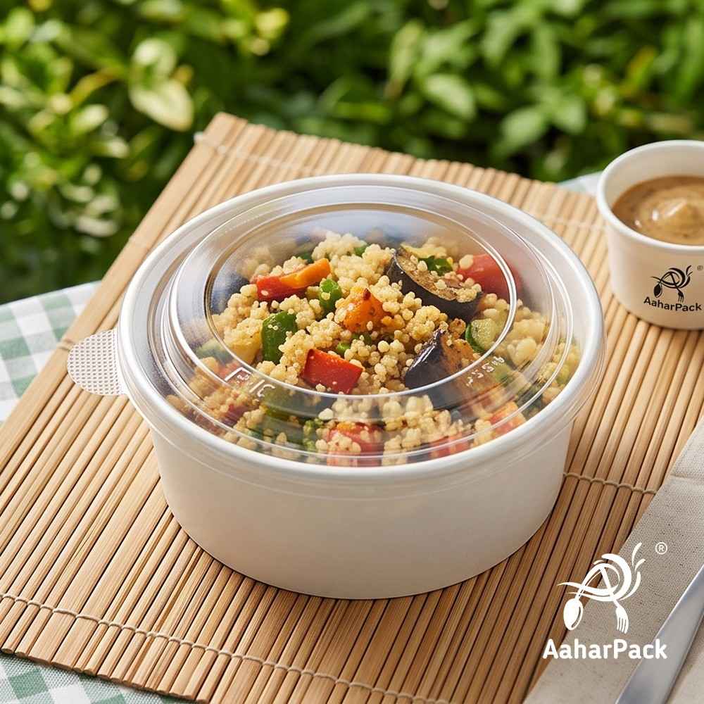 500 ML White Paper Salad Bowls with Clear PET Lids (Pack of 150) - Premium Disposable Food Containers | Leak-Proof Takeaway Packaging for Salads, Poke Bowls & Deli Display