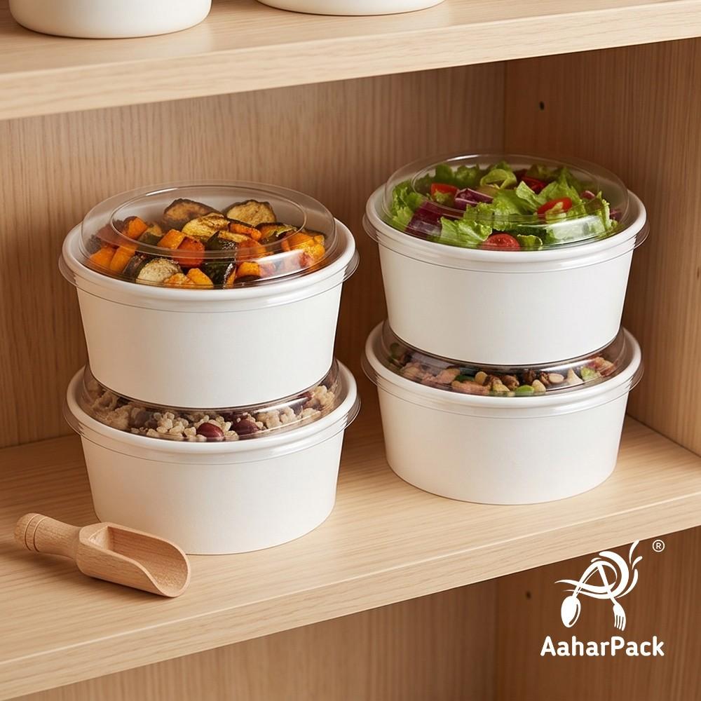 750 ML White Paper Salad Bowls with Clear PET Lids (Pack of 150) - Large Premium Disposable Food Containers | Leak-Proof Takeaway Packaging for Salads, Poke Bowls & Deli Display