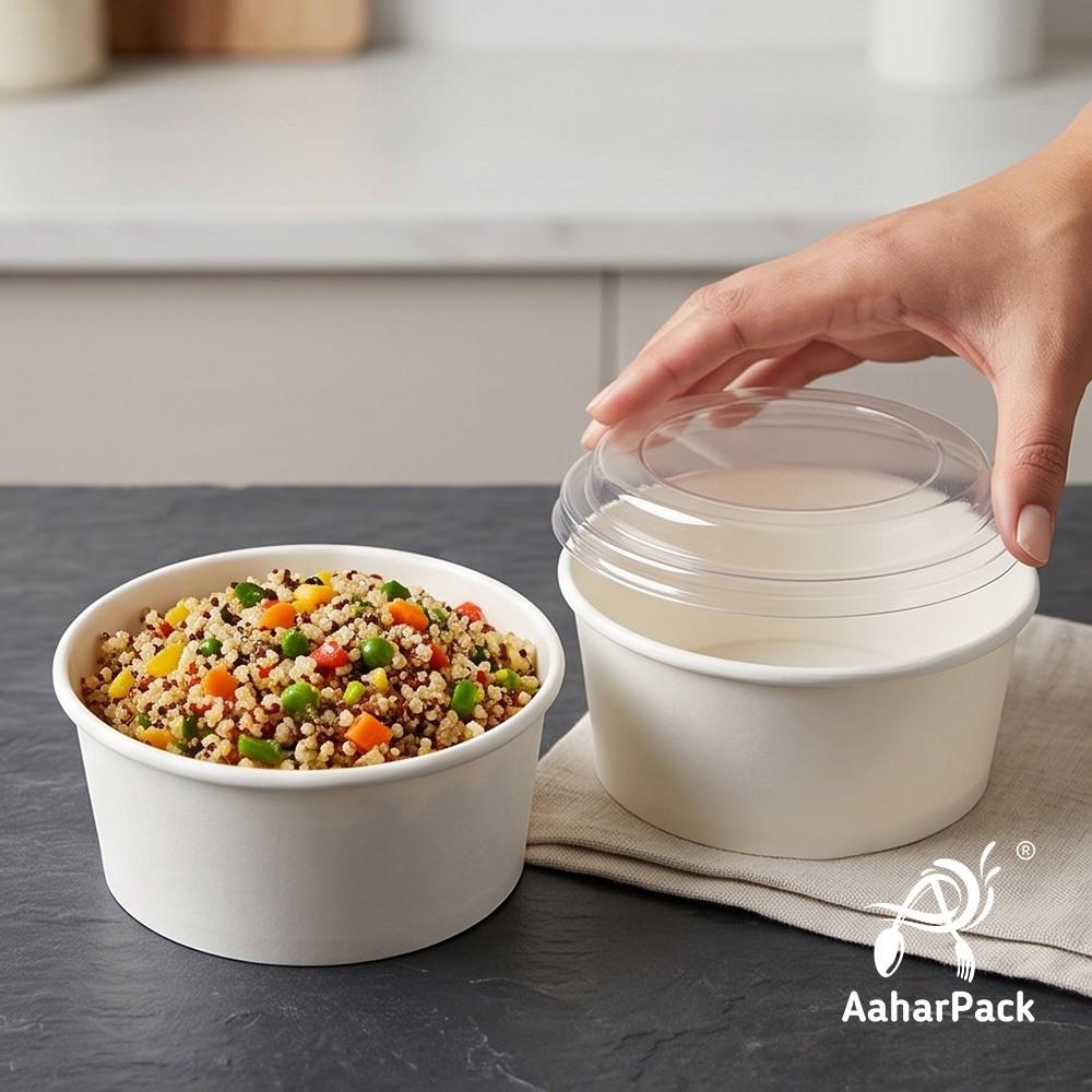 750 ML White Paper Salad Bowls with Clear PET Lids (Pack of 150) - Large Premium Disposable Food Containers | Leak-Proof Takeaway Packaging for Salads, Poke Bowls & Deli Display