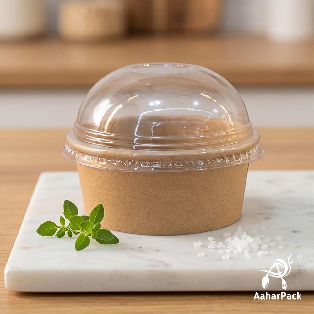 200 ML Kraft Paper Bowls with Dome Lids (Pack of 150) - Small Brown Disposable Paper Bowls | Eco-Friendly, Leak-Proof Takeaway Food Containers for Ice Cream Sundaes & Sweet Treats