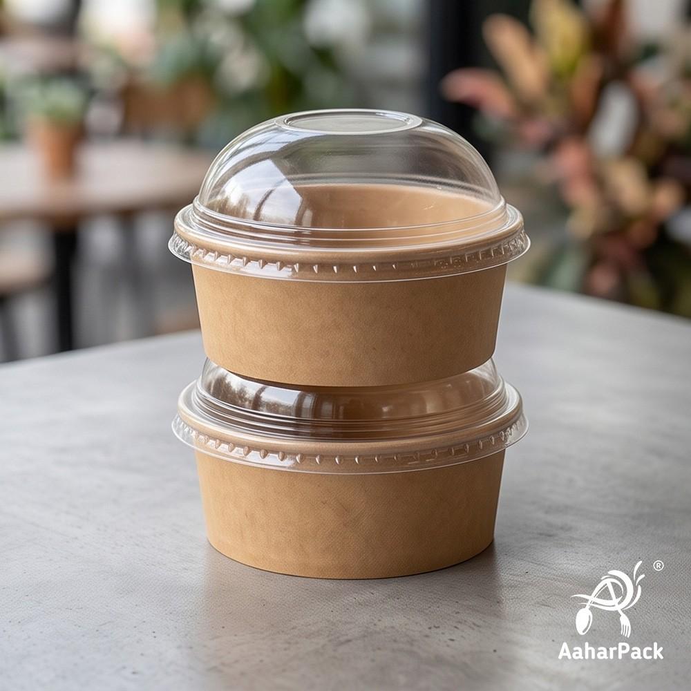200 ML Kraft Paper Bowls with Dome Lids (Pack of 150) - Small Brown Disposable Paper Bowls | Eco-Friendly, Leak-Proof Takeaway Food Containers for Ice Cream Sundaes & Sweet Treats