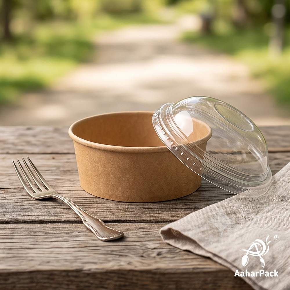 200 ML Kraft Paper Bowls with Dome Lids (Pack of 150) - Small Brown Disposable Paper Bowls | Eco-Friendly, Leak-Proof Takeaway Food Containers for Ice Cream Sundaes & Sweet Treats