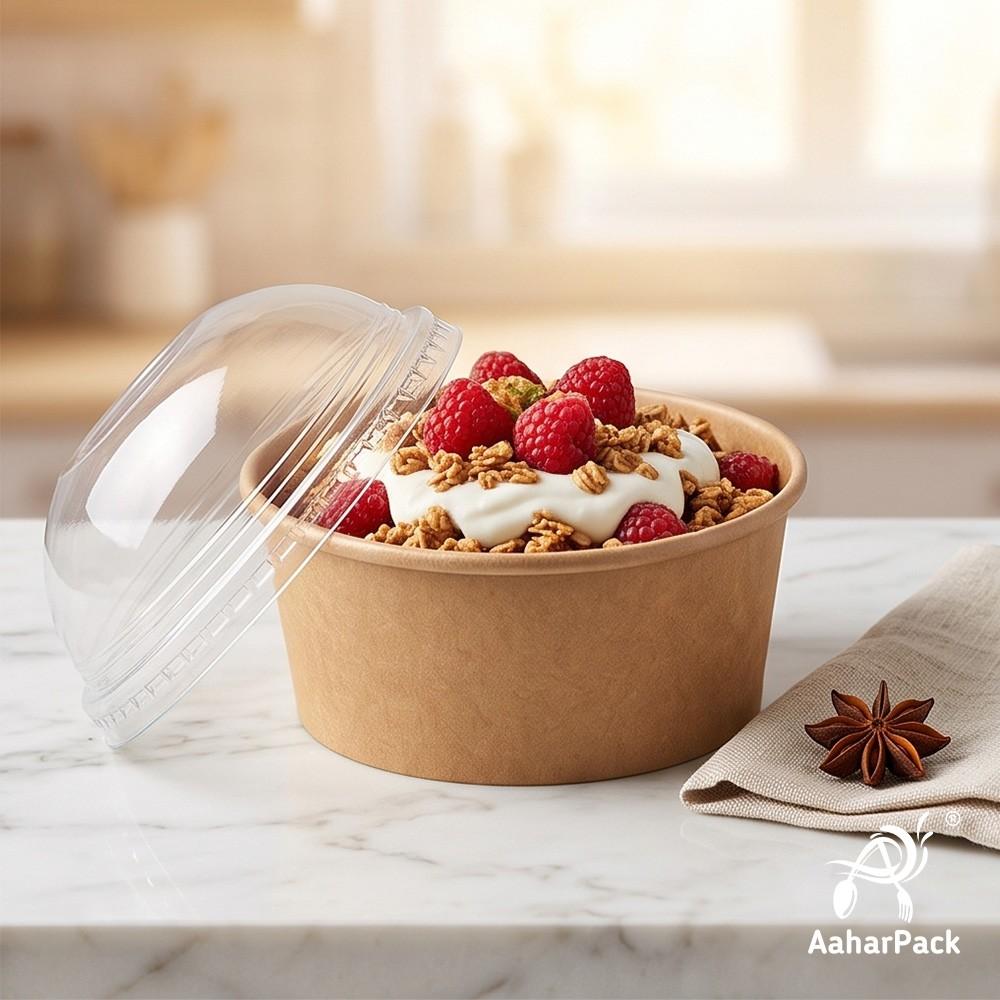 200 ML Kraft Paper Bowls with Dome Lids (Pack of 150) - Small Brown Disposable Paper Bowls | Eco-Friendly, Leak-Proof Takeaway Food Containers for Ice Cream Sundaes & Sweet Treats