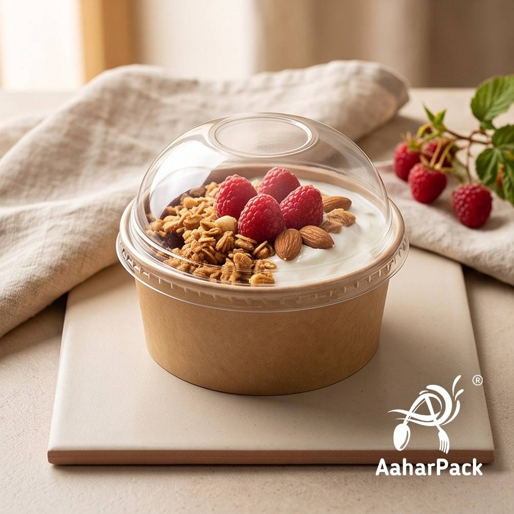 250 ML Kraft Paper Bowls with Dome Lids (Pack of 150) - Small Brown Disposable Paper Bowls | Eco-Friendly, Leak-Proof Takeaway Food Containers for Ice Cream Sundaes, Desserts & Fruit Bowls