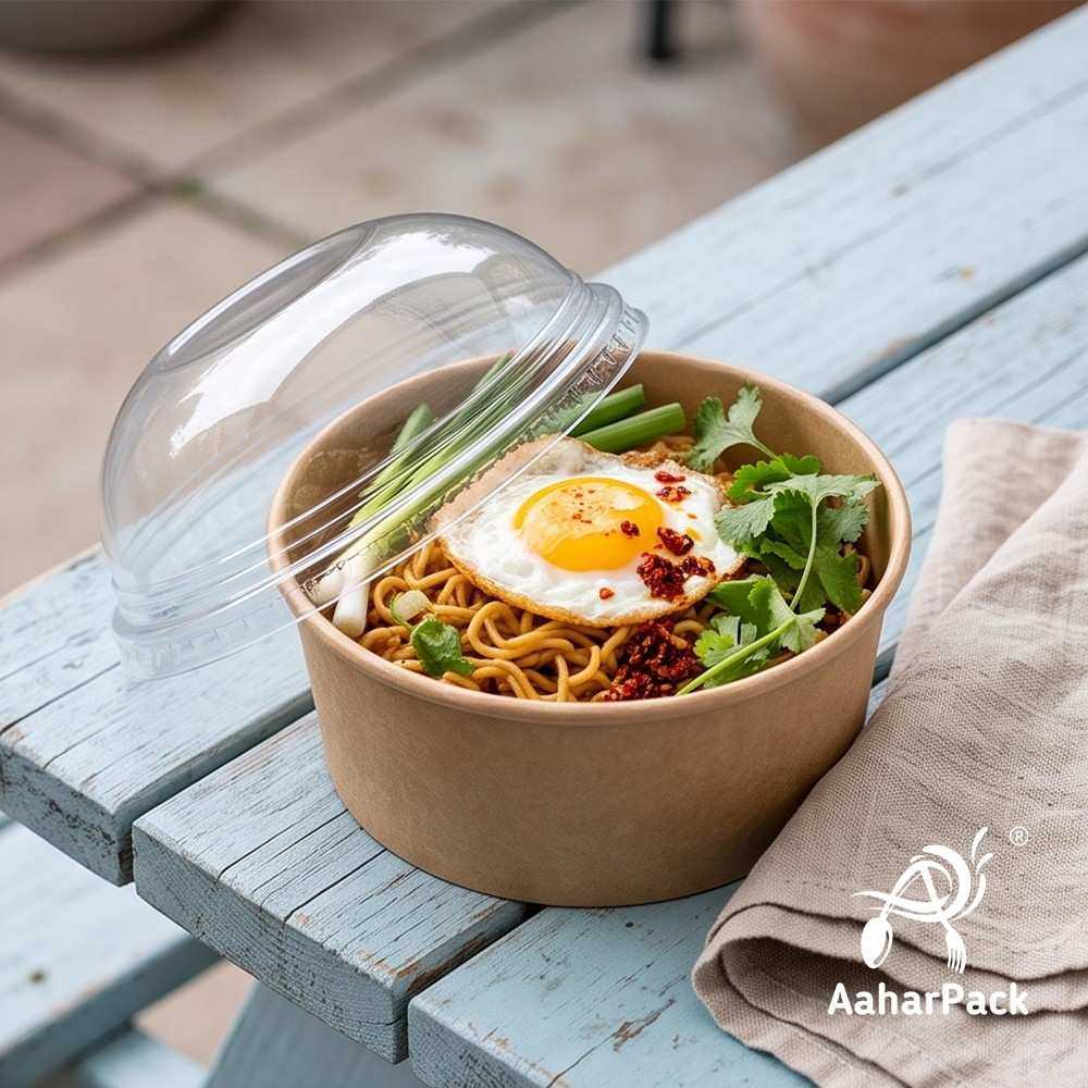 350 ML Kraft Paper Bowls with Dome Lids (Pack of 150) - Medium Brown Disposable Paper Bowls | Eco-Friendly, Leak-Proof Takeaway Food Containers for Large Ice Cream Sundaes, Loaded Desserts & Fruit Bowls