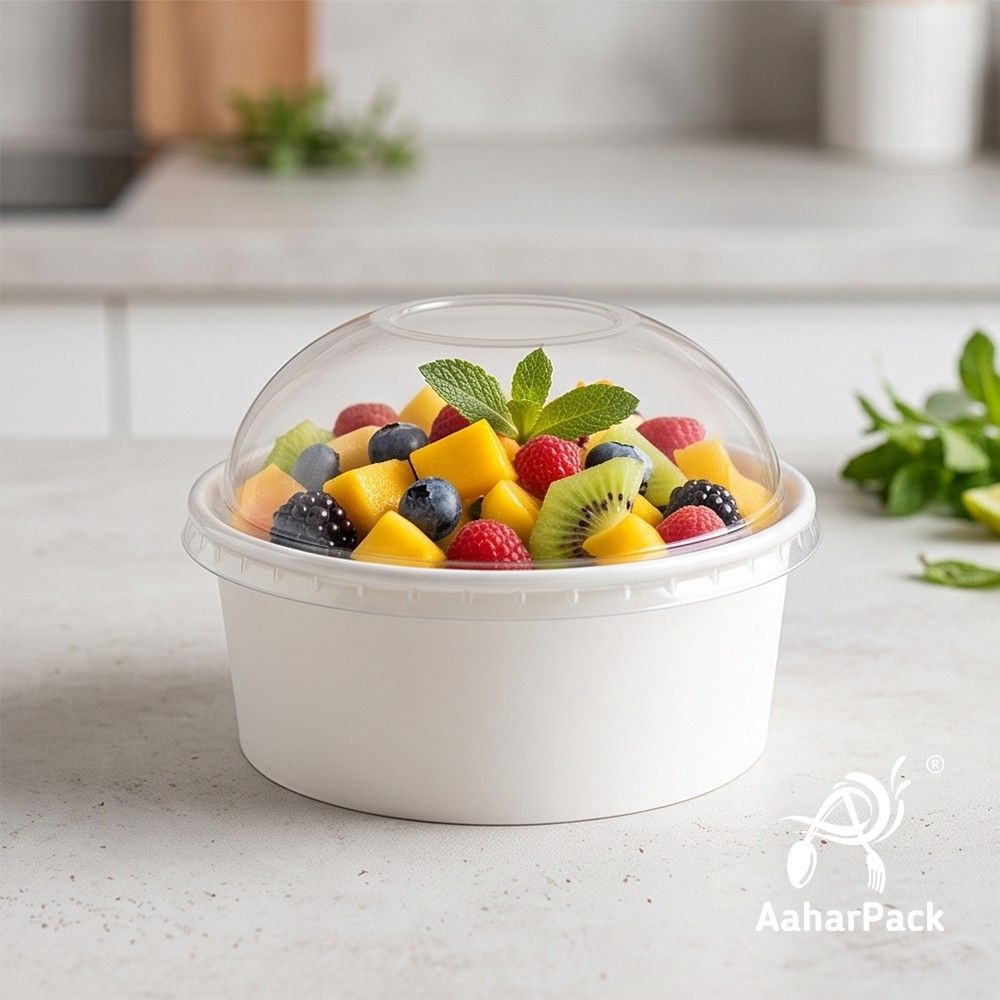 250 ML White Paper Bowls with Dome Lids (Pack of 150) - Small Disposable Paper Bowls | Premium Leak-Proof Takeaway Food Containers for Ice Cream Sundaes, Desserts & Fruit Bowls
