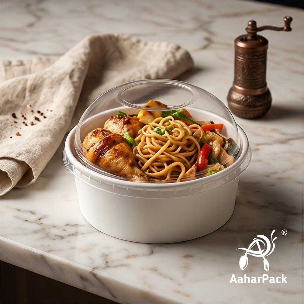 250 ML White Paper Bowls with Dome Lids (Pack of 150) - Small Disposable Paper Bowls | Premium Leak-Proof Takeaway Food Containers for Ice Cream Sundaes, Desserts & Fruit Bowls