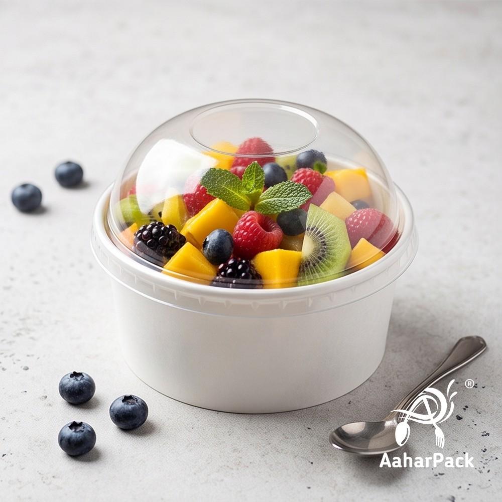 250 ML White Paper Bowls with Dome Lids (Pack of 150) - Small Disposable Paper Bowls | Premium Leak-Proof Takeaway Food Containers for Ice Cream Sundaes, Desserts & Fruit Bowls