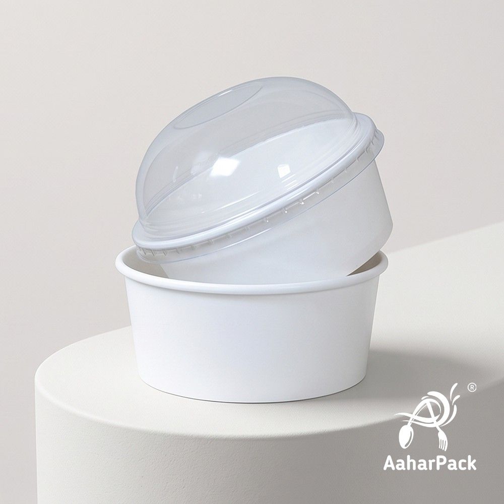 350 ML White Paper Bowls with Dome Lids (Pack of 150) - Medium Disposable Paper Bowls | Premium Leak-Proof Takeaway Food Containers for Large Ice Cream Sundaes, Loaded Desserts & Fruit Bowls