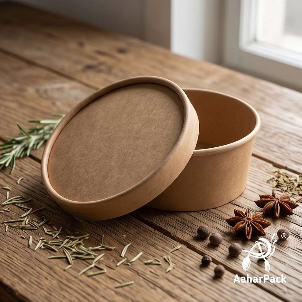 350 ML Kraft Paper Bowls with Paper Lids (Pack of 100) - 100% Eco-Friendly Medium Disposable Paper Bowls | Premium Leak-Proof Brown Food Containers for Hot Soups, Noodles & Curries