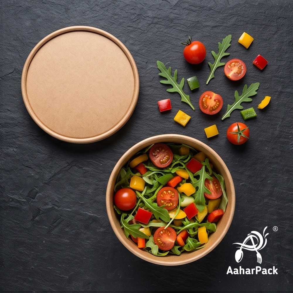 350 ML Kraft Paper Bowls with Paper Lids (Pack of 100) - 100% Eco-Friendly Medium Disposable Paper Bowls | Premium Leak-Proof Brown Food Containers for Hot Soups, Noodles & Curries