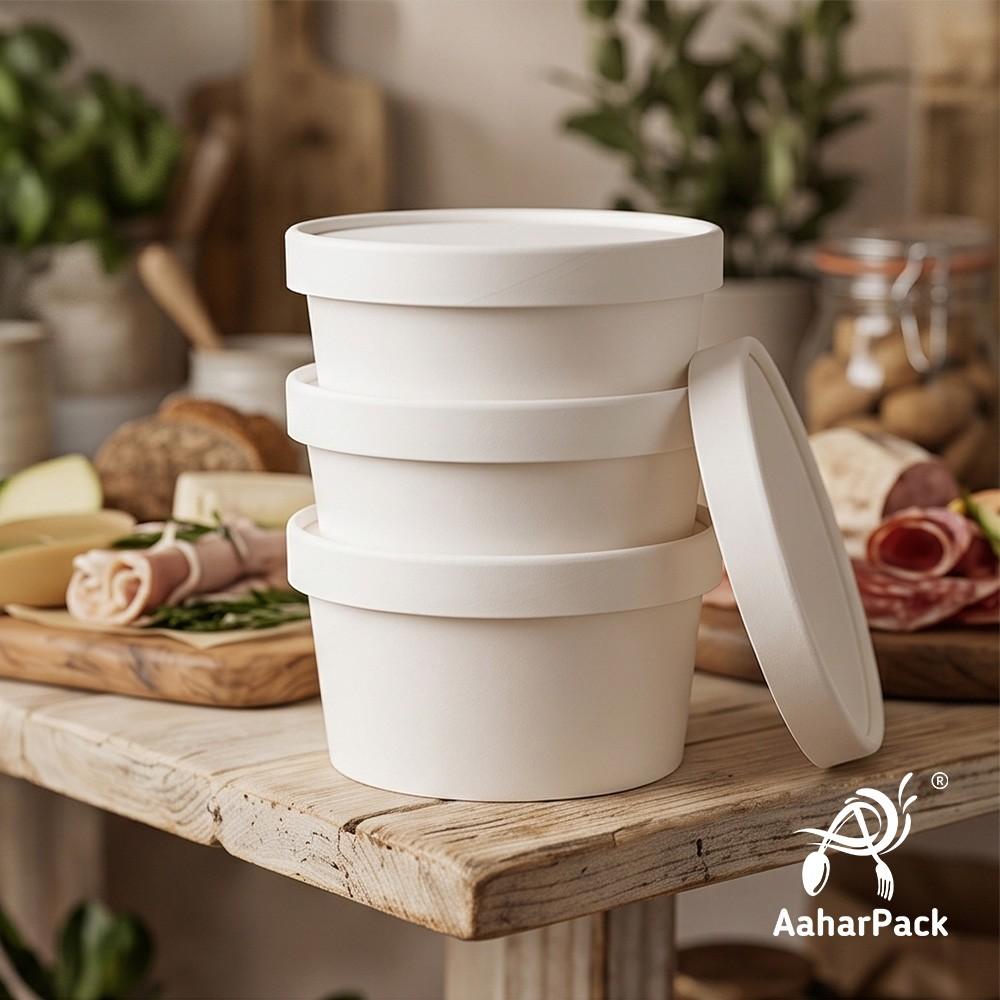 250 ML White Paper Bowls with Paper Lids (Pack of 100) - 100% Eco-Friendly Disposable Paper Bowls | Premium Leak-Proof Takeaway Food Containers for Hot Soups, Gravies & Desserts