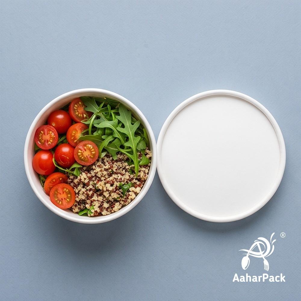 350 ML White Paper Bowls with Paper Lids (Pack of 100) - 100% Eco-Friendly Medium Disposable Paper Bowls | Premium Leak-Proof Takeaway Food Containers for Hot Soups, Noodles & Curries