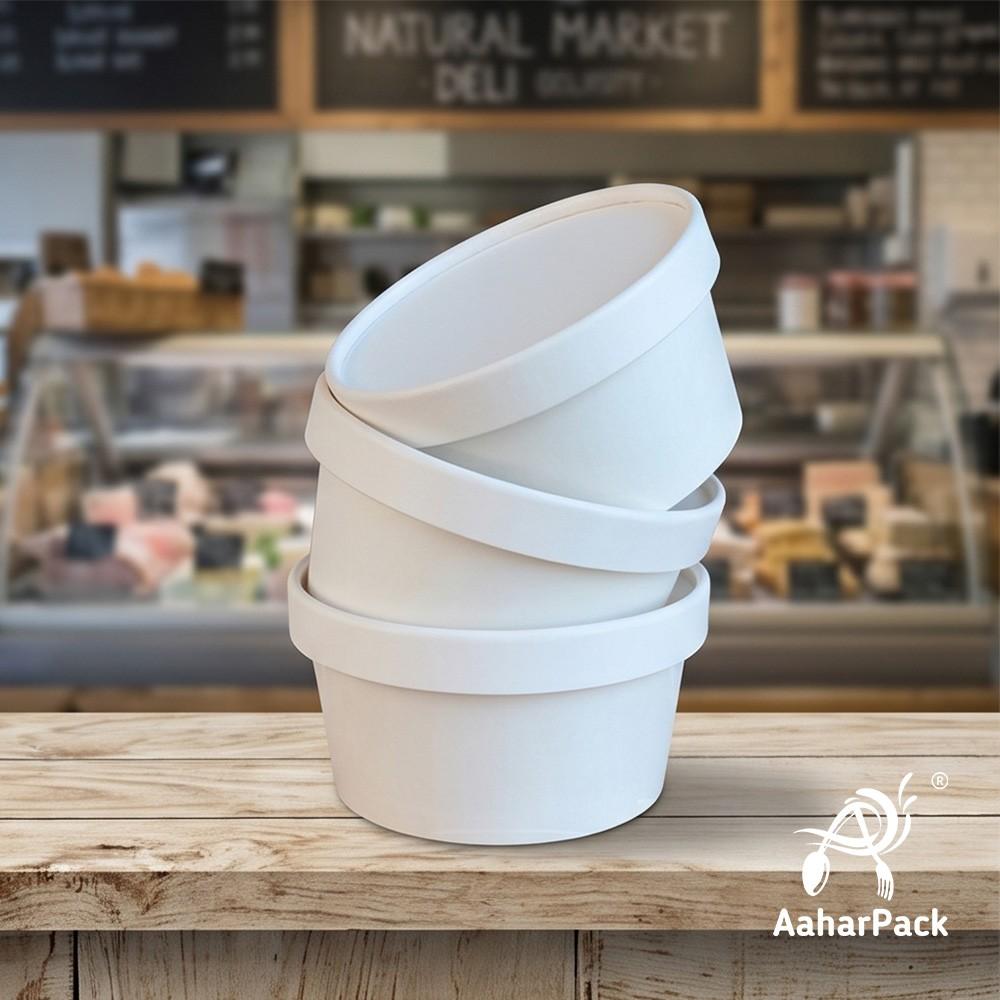 350 ML White Paper Bowls with Paper Lids (Pack of 100) - 100% Eco-Friendly Medium Disposable Paper Bowls | Premium Leak-Proof Takeaway Food Containers for Hot Soups, Noodles & Curries