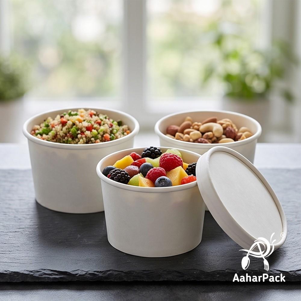 350 ML White Paper Bowls with Paper Lids (Pack of 100) - 100% Eco-Friendly Medium Disposable Paper Bowls | Premium Leak-Proof Takeaway Food Containers for Hot Soups, Noodles & Curries