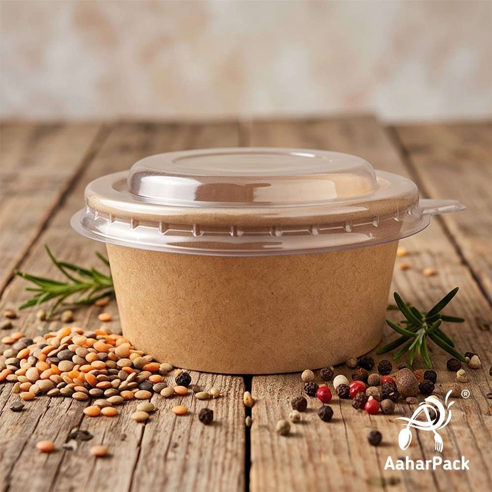 250 ML Kraft Paper Bowls with Plastic Flat Lids (Pack of 150) - Small Brown Disposable Paper Bowls | Eco-Friendly, Leak-Proof Takeaway Food Containers for Hot Soups, Gravies, Dips & Sides