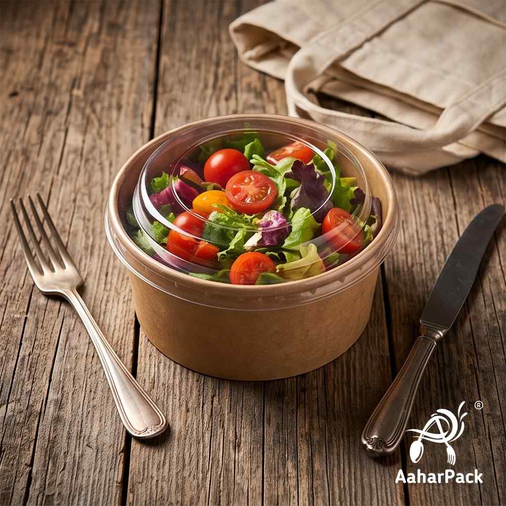 250 ML Kraft Paper Bowls with Plastic Flat Lids (Pack of 150) - Small Brown Disposable Paper Bowls | Eco-Friendly, Leak-Proof Takeaway Food Containers for Hot Soups, Gravies, Dips & Sides
