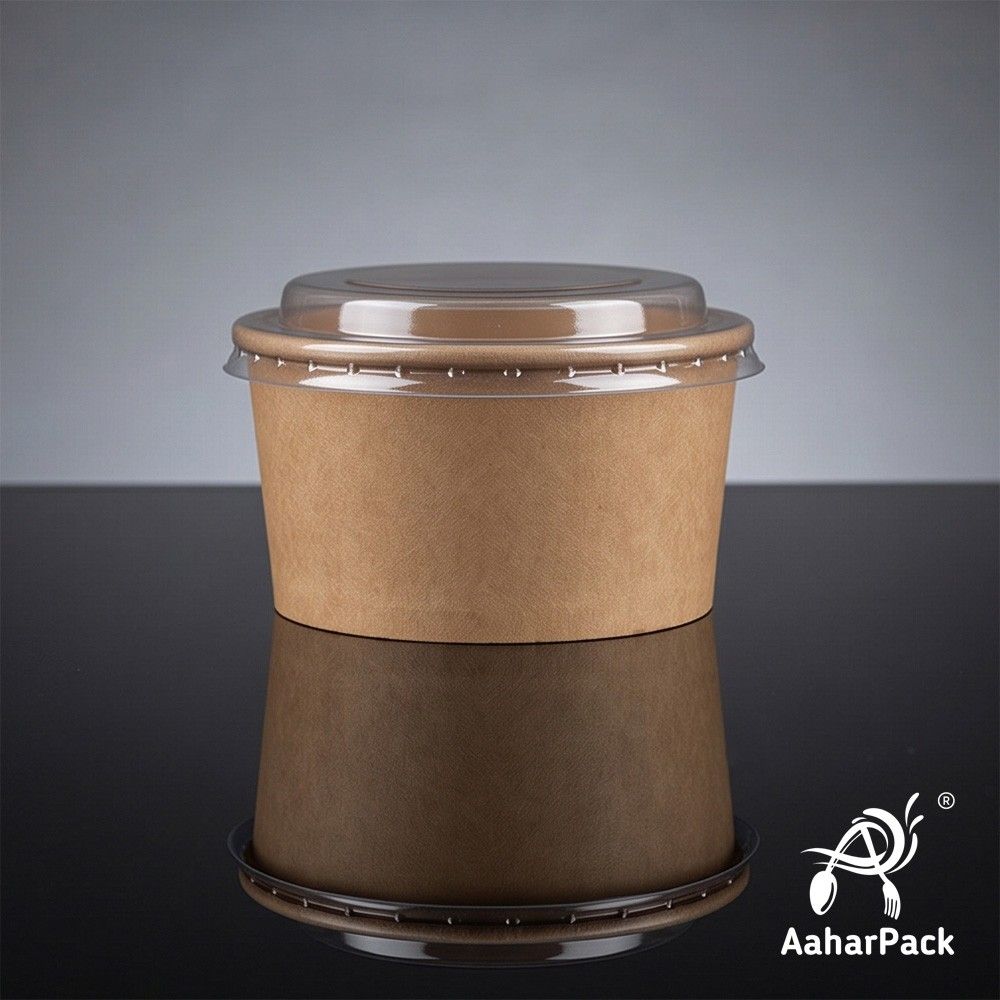 350 ML Kraft Paper Bowls with Plastic Flat Lids (Pack of 150) - Medium Brown Disposable Paper Bowls | Eco-Friendly, Leak-Proof Takeaway Food Containers for Noodles, Hot Soups, Gravies & Salads