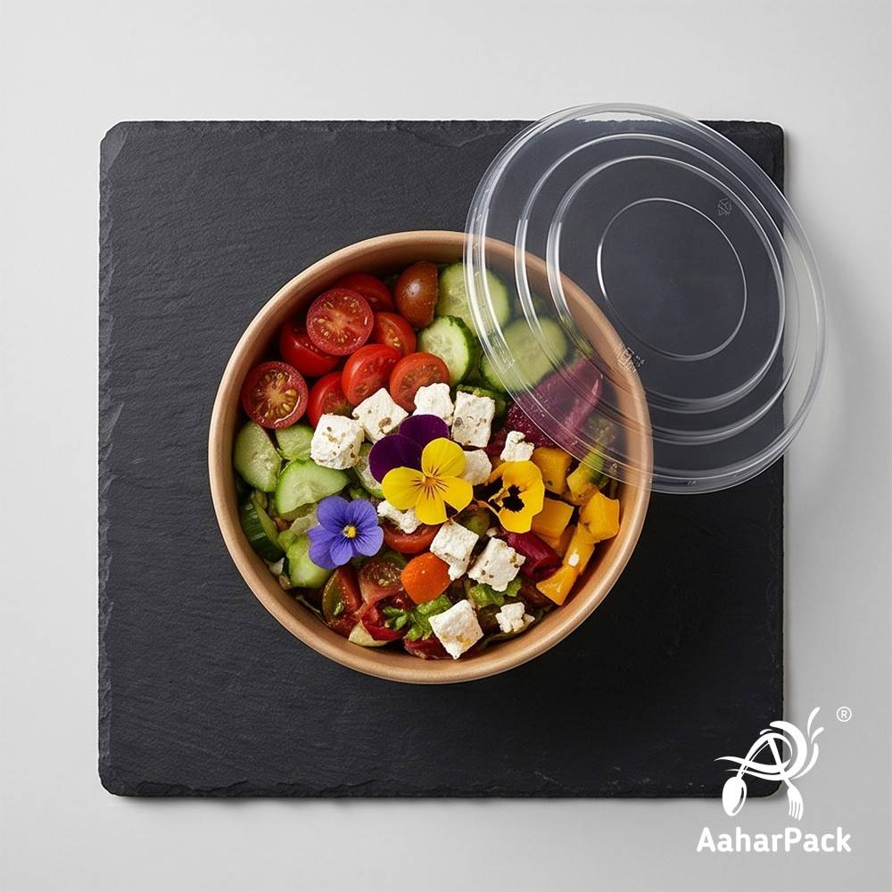 350 ML Kraft Paper Bowls with Plastic Flat Lids (Pack of 150) - Medium Brown Disposable Paper Bowls | Eco-Friendly, Leak-Proof Takeaway Food Containers for Noodles, Hot Soups, Gravies & Salads