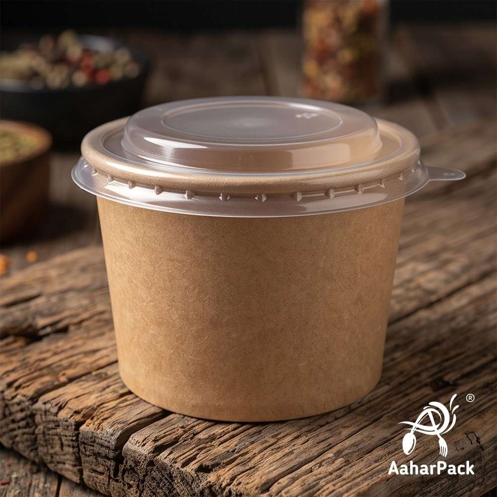350 ML Kraft Paper Bowls with Plastic Flat Lids (Pack of 150) - Medium Brown Disposable Paper Bowls | Eco-Friendly, Leak-Proof Takeaway Food Containers for Noodles, Hot Soups, Gravies & Salads