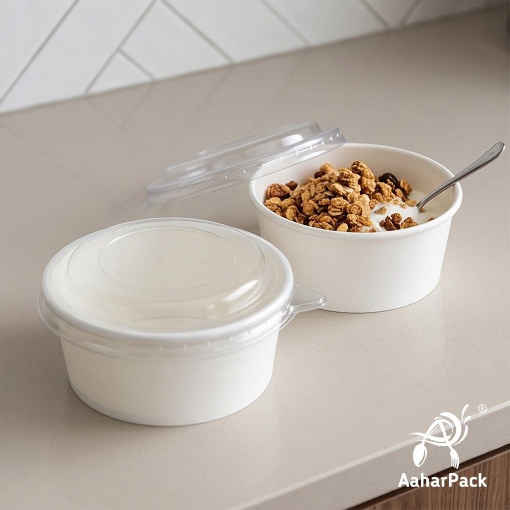 200 ML White Paper Bowls with Plastic Flat Lids (Pack of 150) - Small Disposable Paper Bowls | Premium Leak-Proof Takeaway Food Containers for Ice Cream, Desserts, Dips & Side Dishes