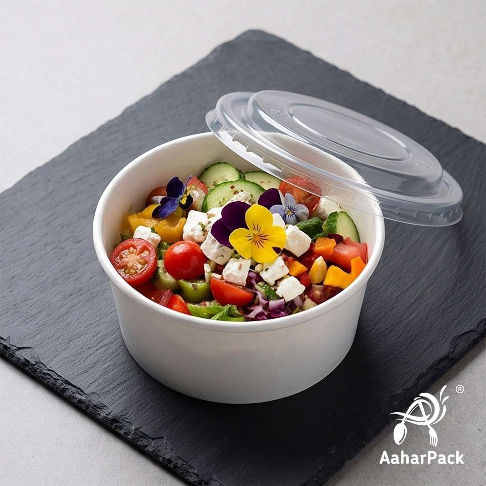 250 ML White Paper Bowls with Plastic Flat Lids (Pack of 150) - Small Disposable Paper Bowls | Premium Leak-Proof Takeaway Food Containers for Hot Soups, Desserts, Dips & Side Dishes
