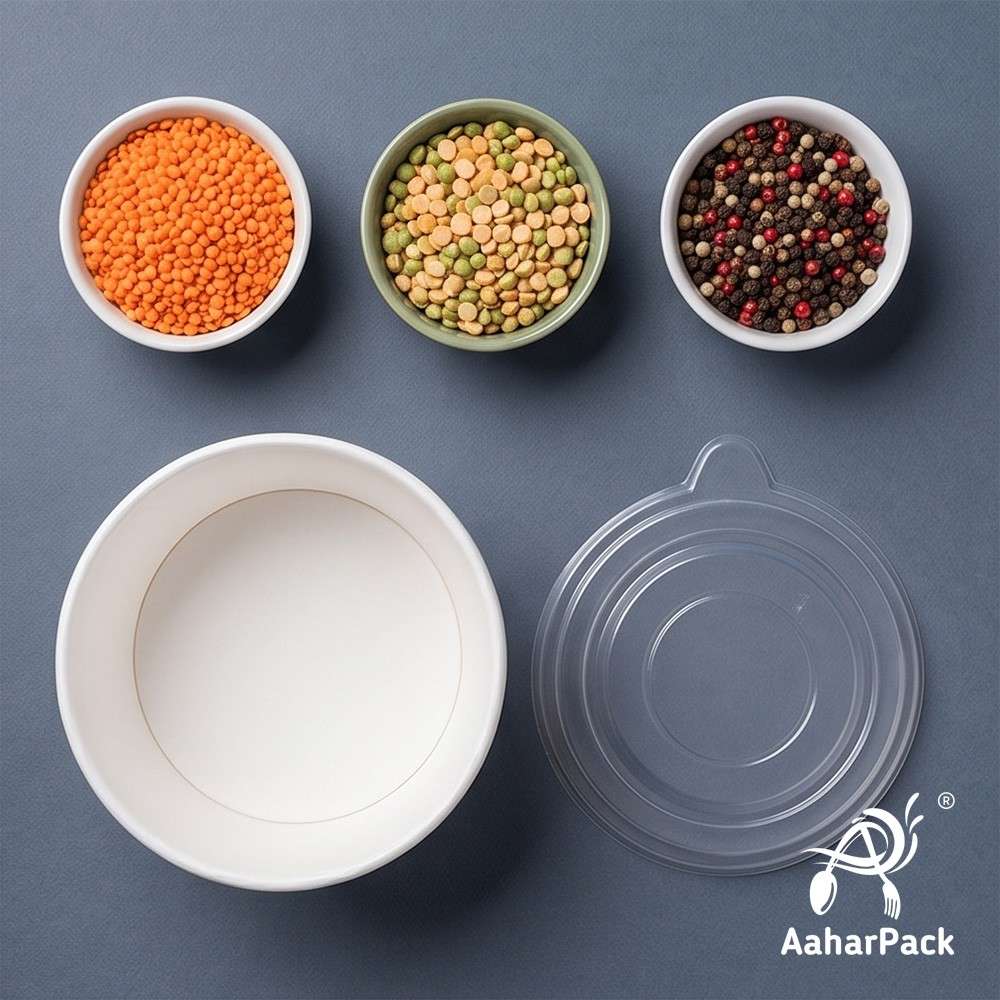350 ML White Paper Bowls with Plastic Flat Lids (Pack of 150) - Medium Disposable Paper Bowls | Premium Leak-Proof Takeaway Food Containers for Noodles, Hot Soups, Gravies & Desserts
