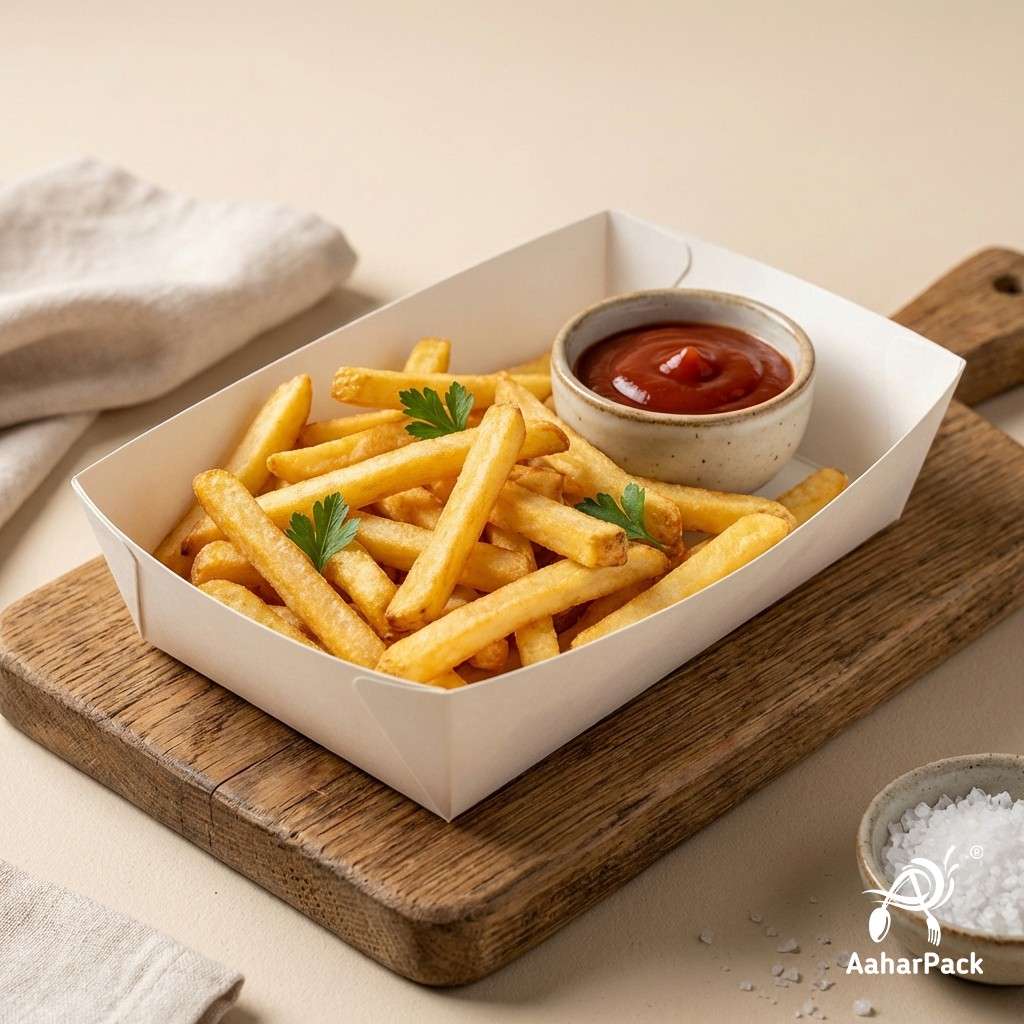750 ML White Paper Food Trays (Pack of 100) - Large Disposable Serving Boats for Street Food & Combos