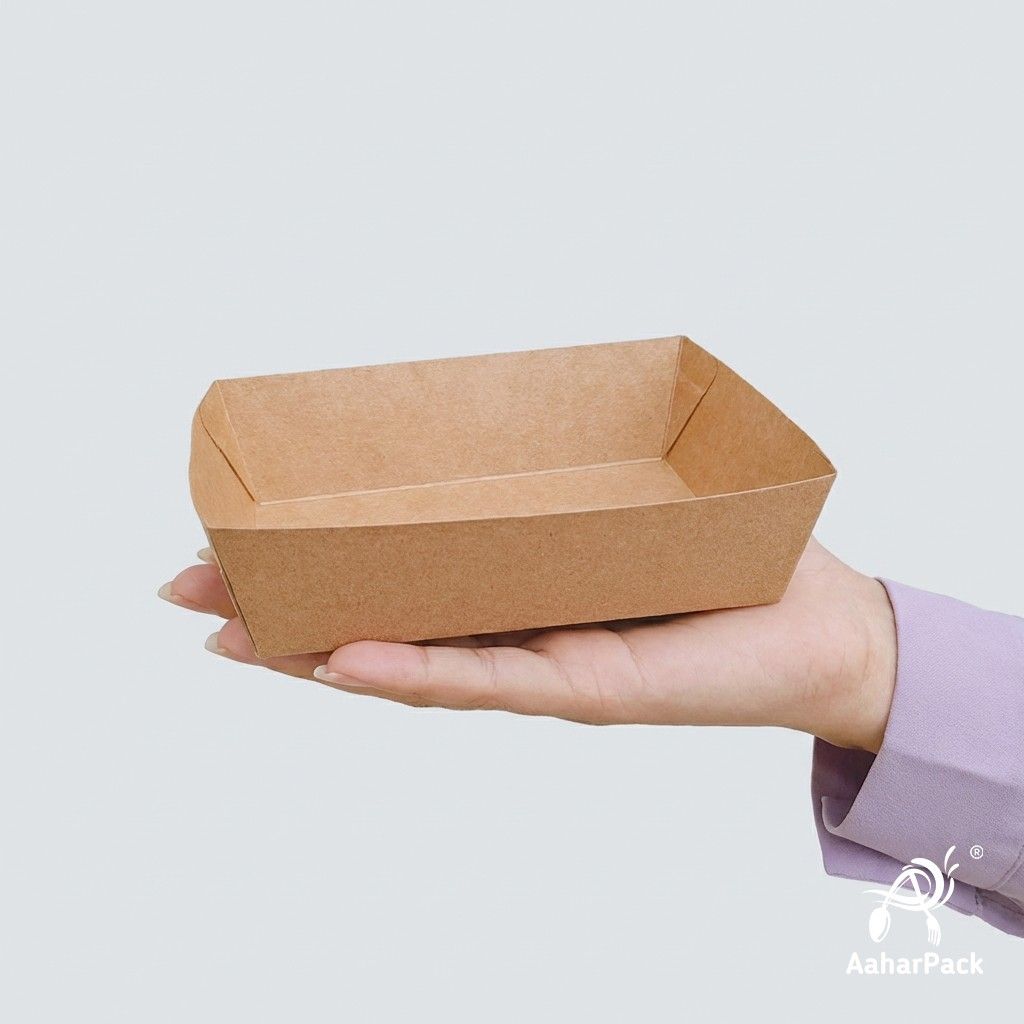 750 ML Kraft Brown Paper Food Trays (Pack of 100) - Eco-Friendly Open Food Boats | Grease-Resistant Serving Trays for Fries & Chaat