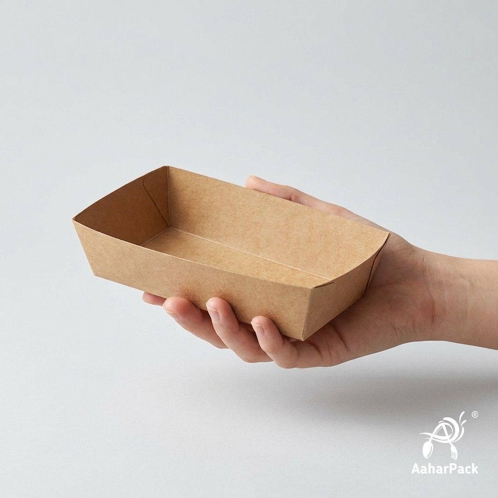 750 ML Kraft Brown Paper Food Trays (Pack of 100) - Eco-Friendly Open Food Boats | Grease-Resistant Serving Trays for Fries & Chaat
