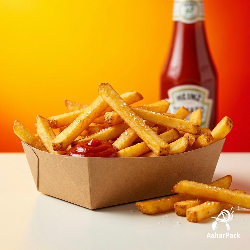 750 ML Kraft Brown Paper Food Trays (Pack of 100) - Eco-Friendly Open Food Boats | Grease-Resistant Serving Trays for Fries & Chaat