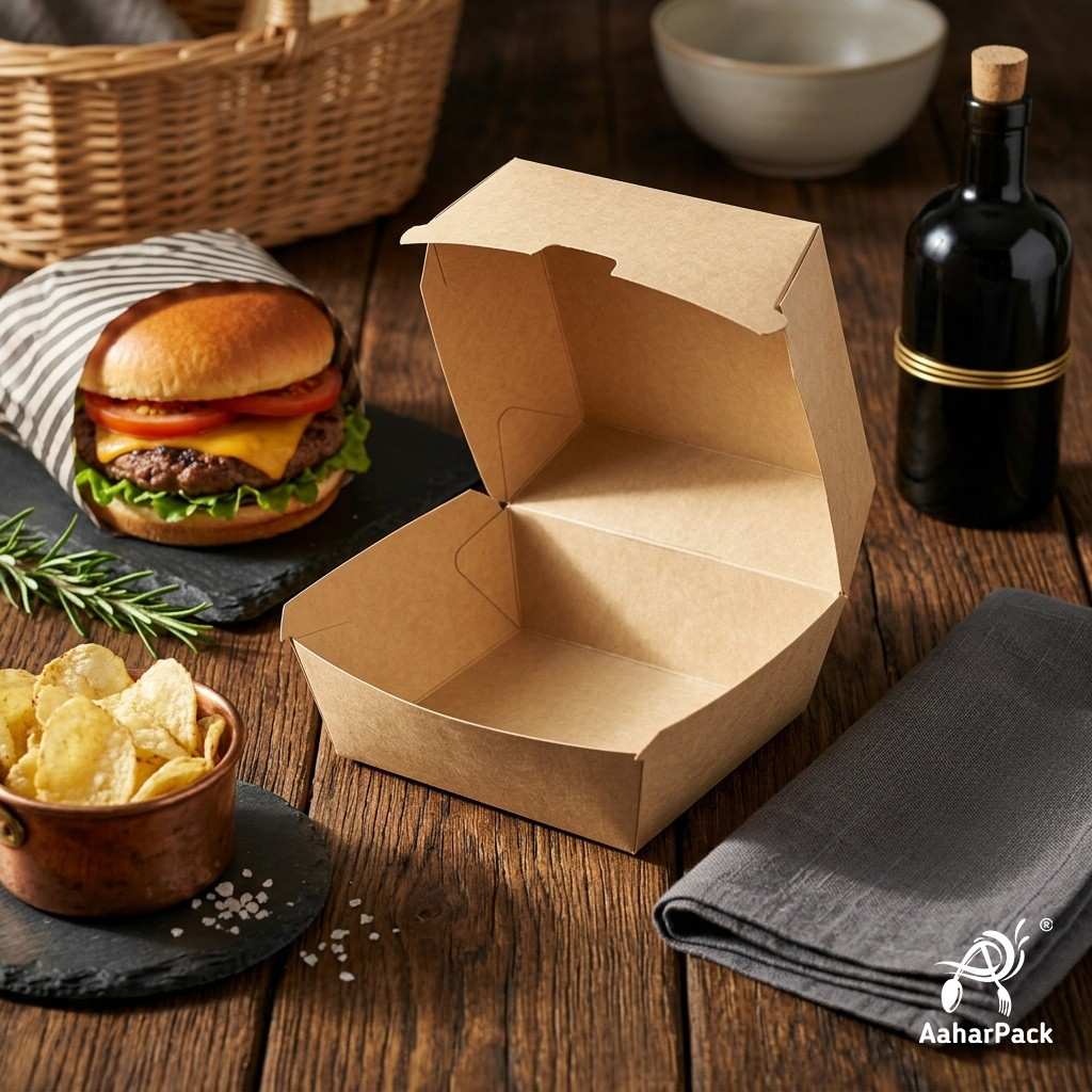 4x4 Inch Kraft Brown Paper Burger Boxes (Pack of 200 Pcs) - Eco-Friendly Clamshell Takeaway Containers | Grease-Proof Packaging