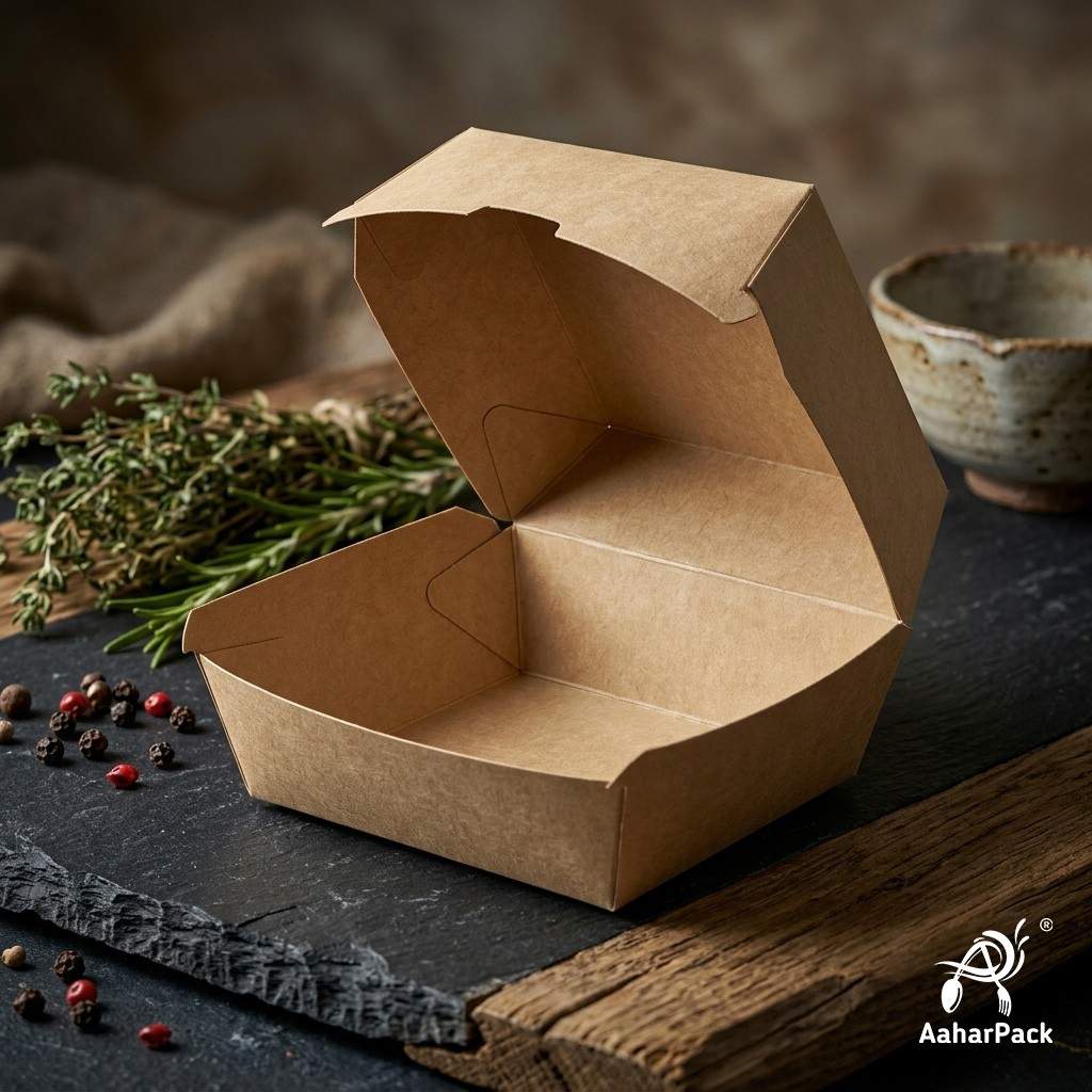 4x4 Inch Kraft Brown Paper Burger Boxes (Pack of 200 Pcs) - Eco-Friendly Clamshell Takeaway Containers | Grease-Proof Packaging