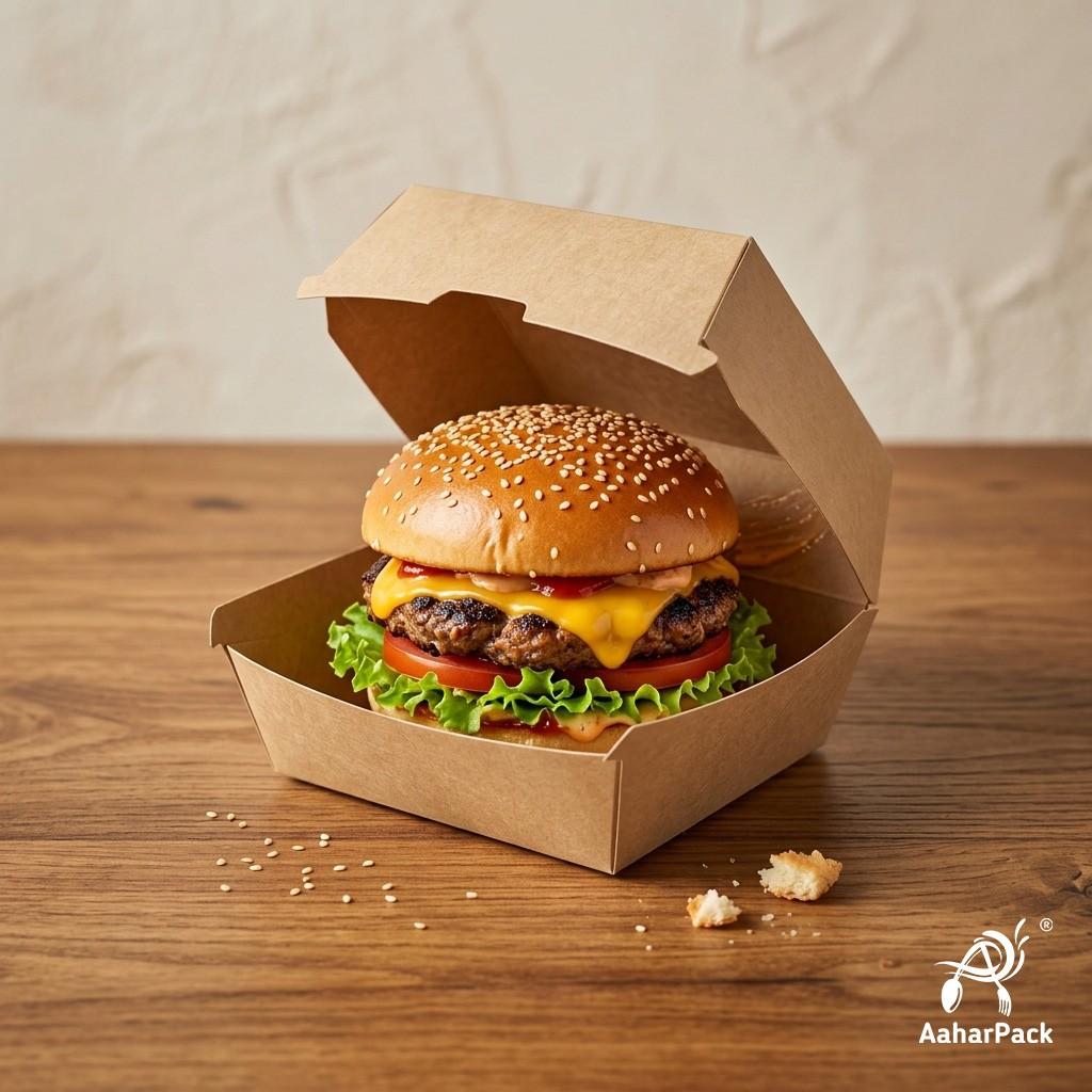 4x4 Inch Kraft Brown Paper Burger Boxes (Pack of 200 Pcs) - Eco-Friendly Clamshell Takeaway Containers | Grease-Proof Packaging