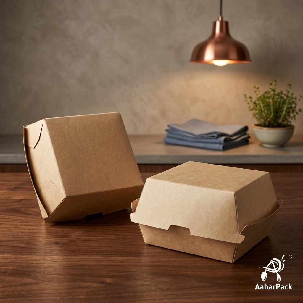 4x4 Inch Kraft Brown Paper Burger Boxes (Pack of 200 Pcs) - Eco-Friendly Clamshell Takeaway Containers | Grease-Proof Packaging
