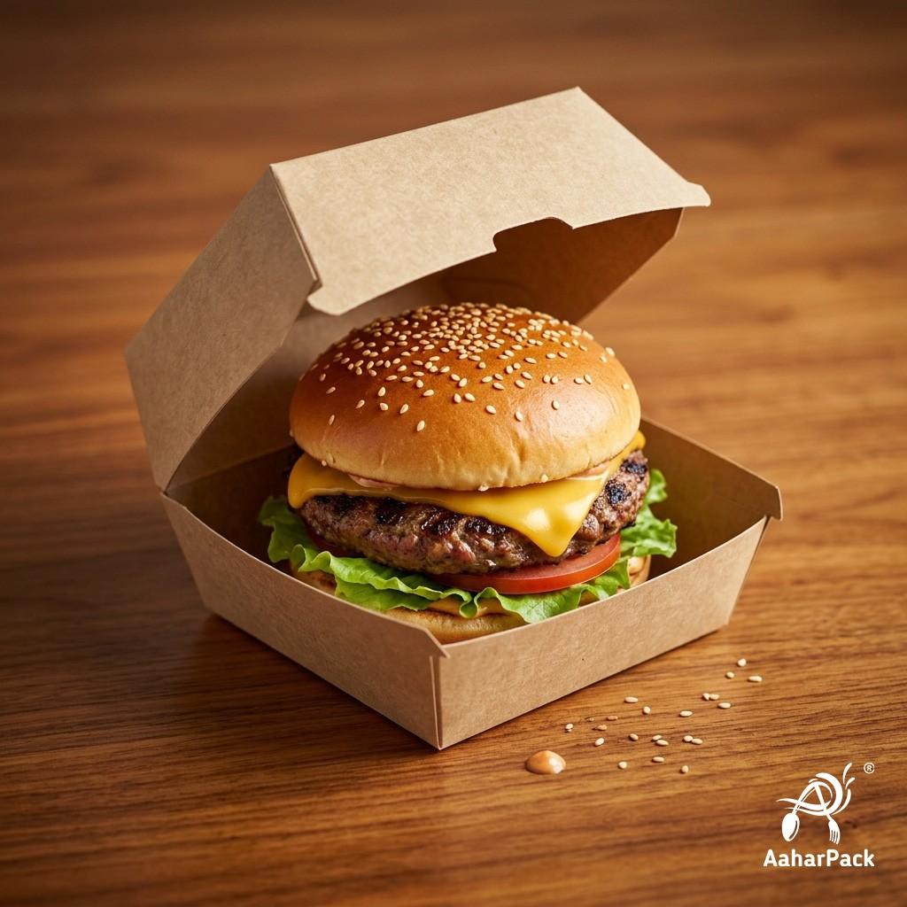 4x4 Inch Kraft Brown Paper Burger Boxes (Pack of 200 Pcs) - Eco-Friendly Clamshell Takeaway Containers | Grease-Proof Packaging