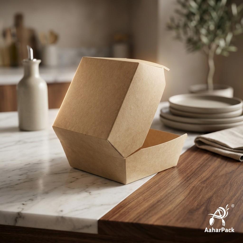 4x4 Inch Kraft Brown Paper Burger Boxes (Pack of 200 Pcs) - Eco-Friendly Clamshell Takeaway Containers | Grease-Proof Packaging