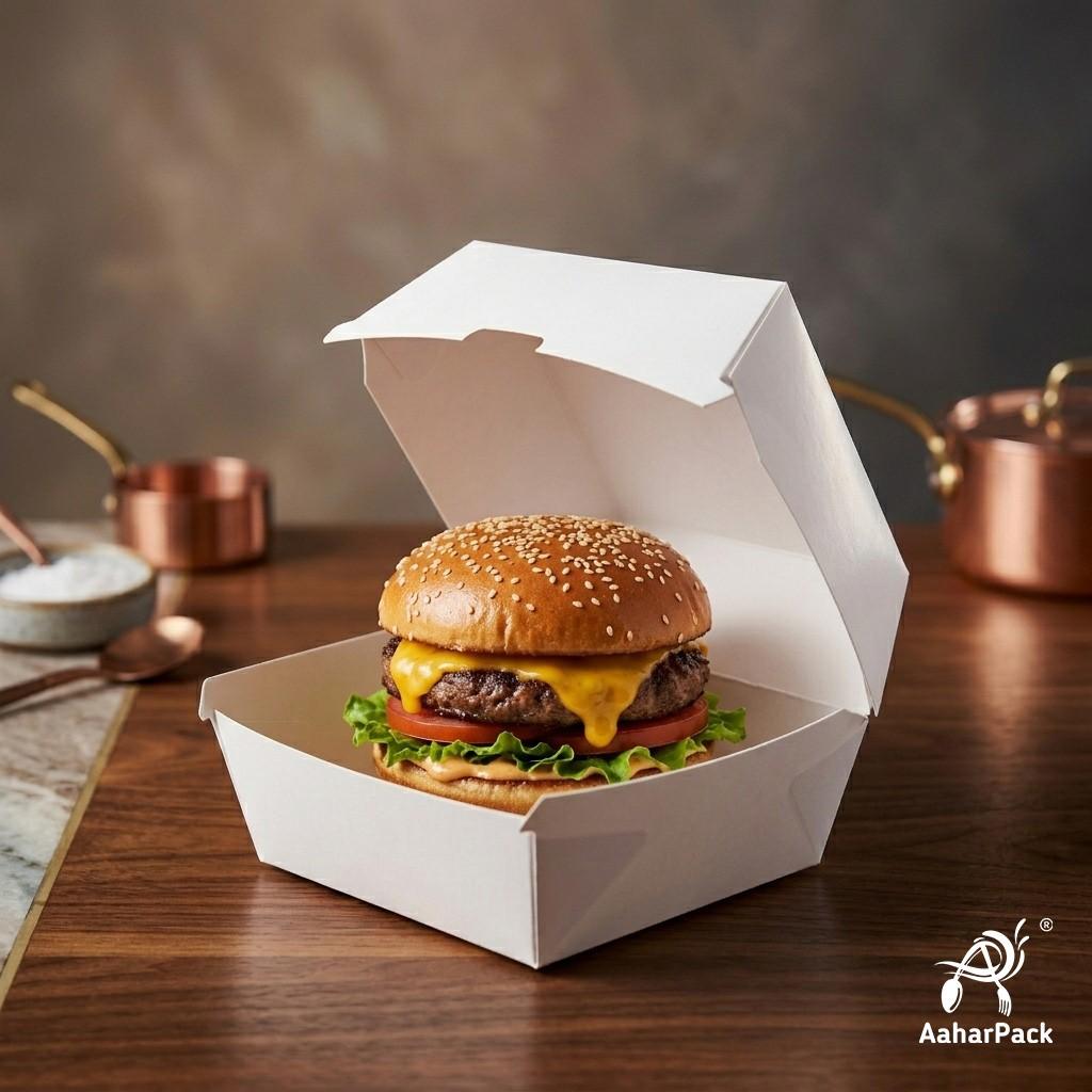 4x4 Inch White Paper Burger Boxes (Pack of 200 Pcs) - Premium Clamshell Disposable Takeaway Containers | Leak-Proof Packaging