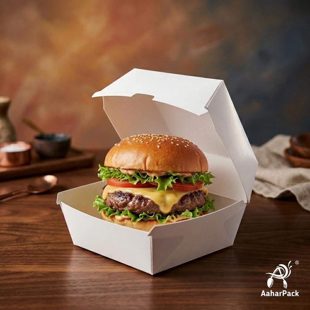 4x4 Inch White Paper Burger Boxes (Pack of 200 Pcs) - Premium Clamshell Disposable Takeaway Containers | Leak-Proof Packaging